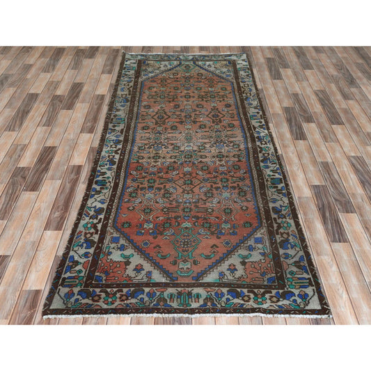 Overdyed & Vintage Worn Wool Hand Knotted Rug Brown Ivory 3.9X9.9 -O061860