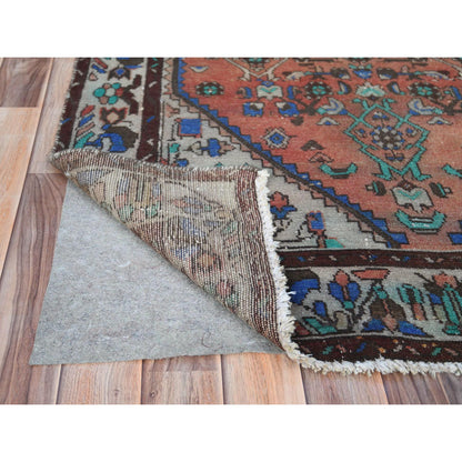 Overdyed & Vintage Worn Wool Hand Knotted Rug Brown Ivory 3.9X9.9 -O061860