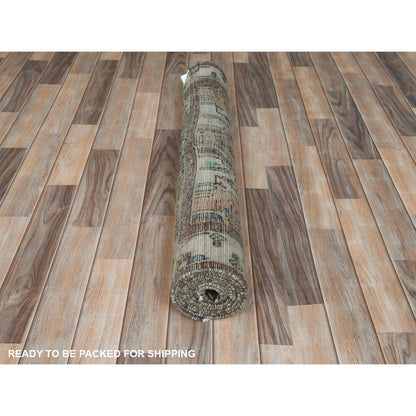 Overdyed & Vintage Worn Wool Hand Knotted Rug Brown Ivory 3.9X9.9 -O061860