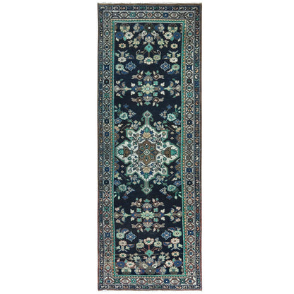 Overdyed & Vintage Worn Wool Hand Knotted Rug Blue Ivory 3.4X9.8 -O061861