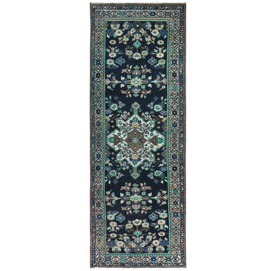 Overdyed & Vintage Worn Wool Hand Knotted Rug Blue Ivory 3.4X9.8 -O061861