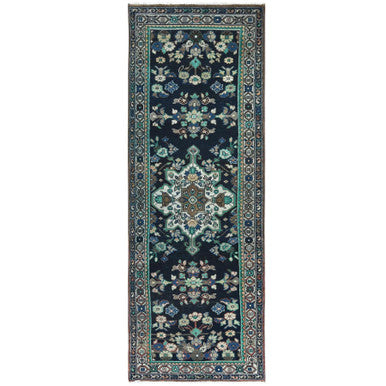 Overdyed & Vintage Worn Wool Hand Knotted Rug Blue Ivory 3.4X9.8 -O061861