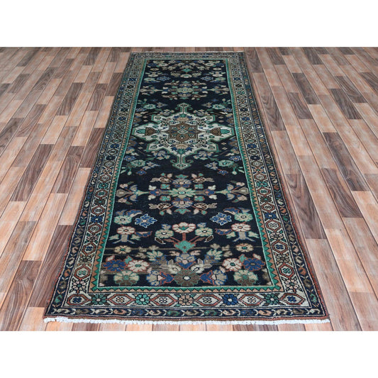 Overdyed & Vintage Worn Wool Hand Knotted Rug Blue Ivory 3.4X9.8 -O061861