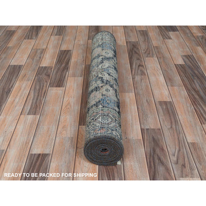 Overdyed & Vintage Worn Wool Hand Knotted Rug Blue Ivory 3.4X9.8 -O061861
