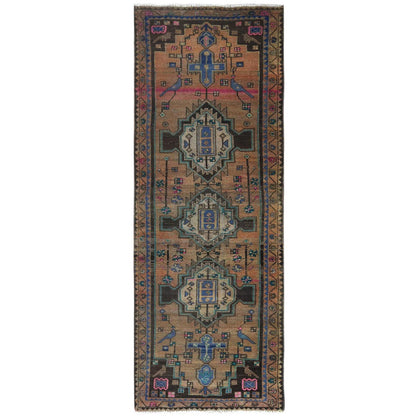 Overdyed & Vintage Worn Wool Hand Knotted Rug Brown Brown 3.4X9.3 -O061872