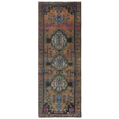 Overdyed & Vintage Worn Wool Hand Knotted Rug Brown Brown 3.4X9.3 -O061872