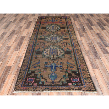 Overdyed & Vintage Worn Wool Hand Knotted Rug Brown Brown 3.4X9.3 -O061872