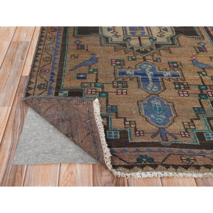 Overdyed & Vintage Worn Wool Hand Knotted Rug Brown Brown 3.4X9.3 -O061872