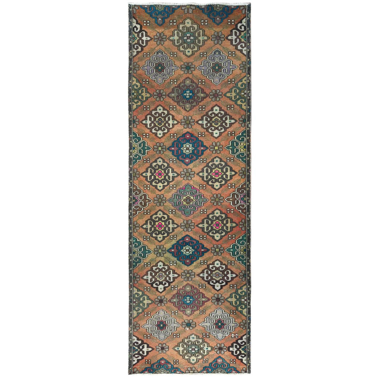 Overdyed & Vintage Worn Wool Hand Knotted Rug Orange No Border 3.3X10.0 -O061883