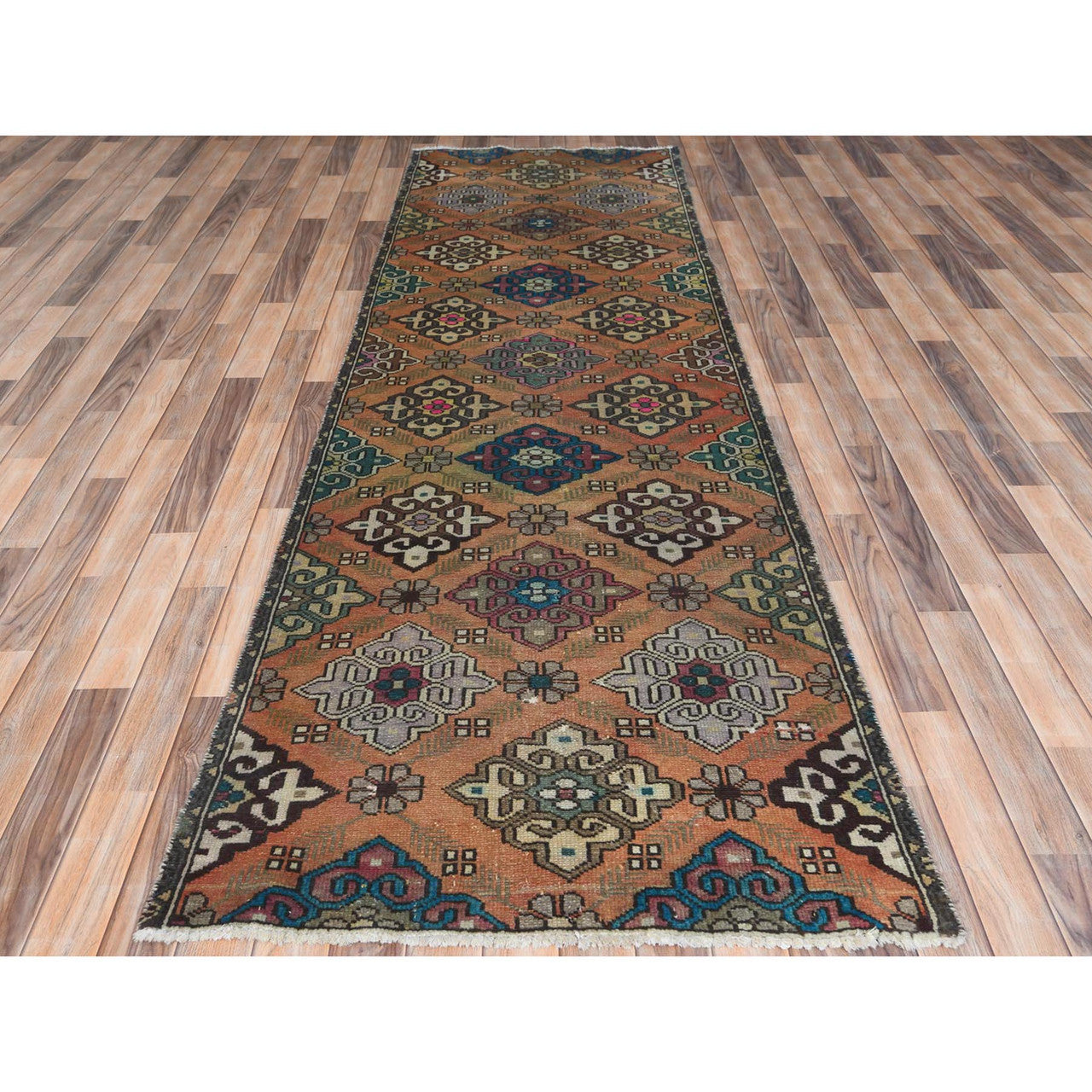 Overdyed & Vintage Worn Wool Hand Knotted Rug Orange No Border 3.3X10.0 -O061883