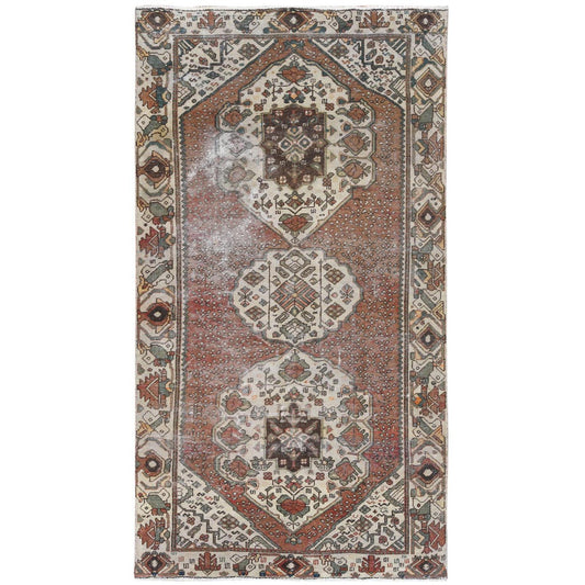 Overdyed & Vintage Worn Wool Hand Knotted Rug Red Ivory 5.1X9.9 -O061911