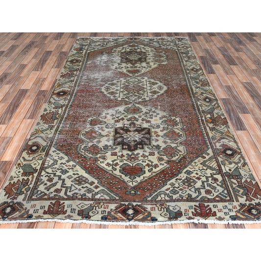 Overdyed & Vintage Worn Wool Hand Knotted Rug Red Ivory 5.1X9.9 -O061911