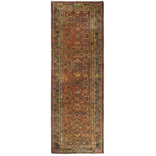 Overdyed & Vintage Worn Wool Hand Knotted Rug Brown Brown 3.4X9.10 -O061939