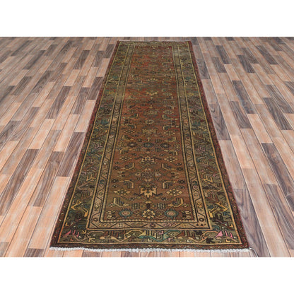 Overdyed & Vintage Worn Wool Hand Knotted Rug Brown Brown 3.4X9.10 -O061939