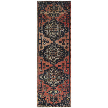 Overdyed & Vintage Worn Wool Hand Knotted Rug Red Navy Blue 3.1X9.6 -O061940