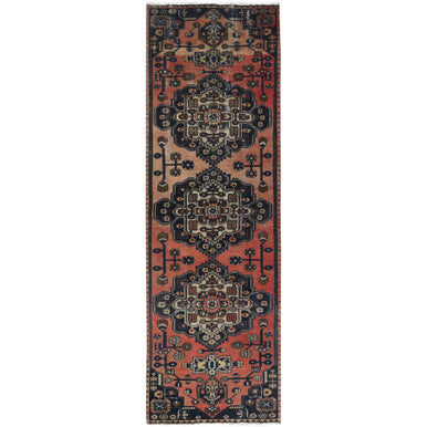 Overdyed & Vintage Worn Wool Hand Knotted Rug Red Navy Blue 3.1X9.6 -O061940