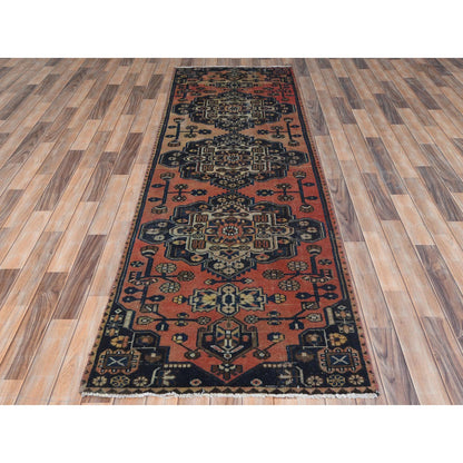 Overdyed & Vintage Worn Wool Hand Knotted Rug Red Navy Blue 3.1X9.6 -O061940