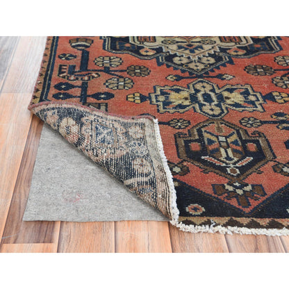 Overdyed & Vintage Worn Wool Hand Knotted Rug Red Navy Blue 3.1X9.6 -O061940