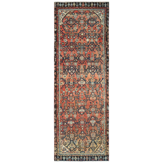 Overdyed & Vintage Worn Wool Hand Knotted Rug Orange Brown 3.2X9.6 -O061942