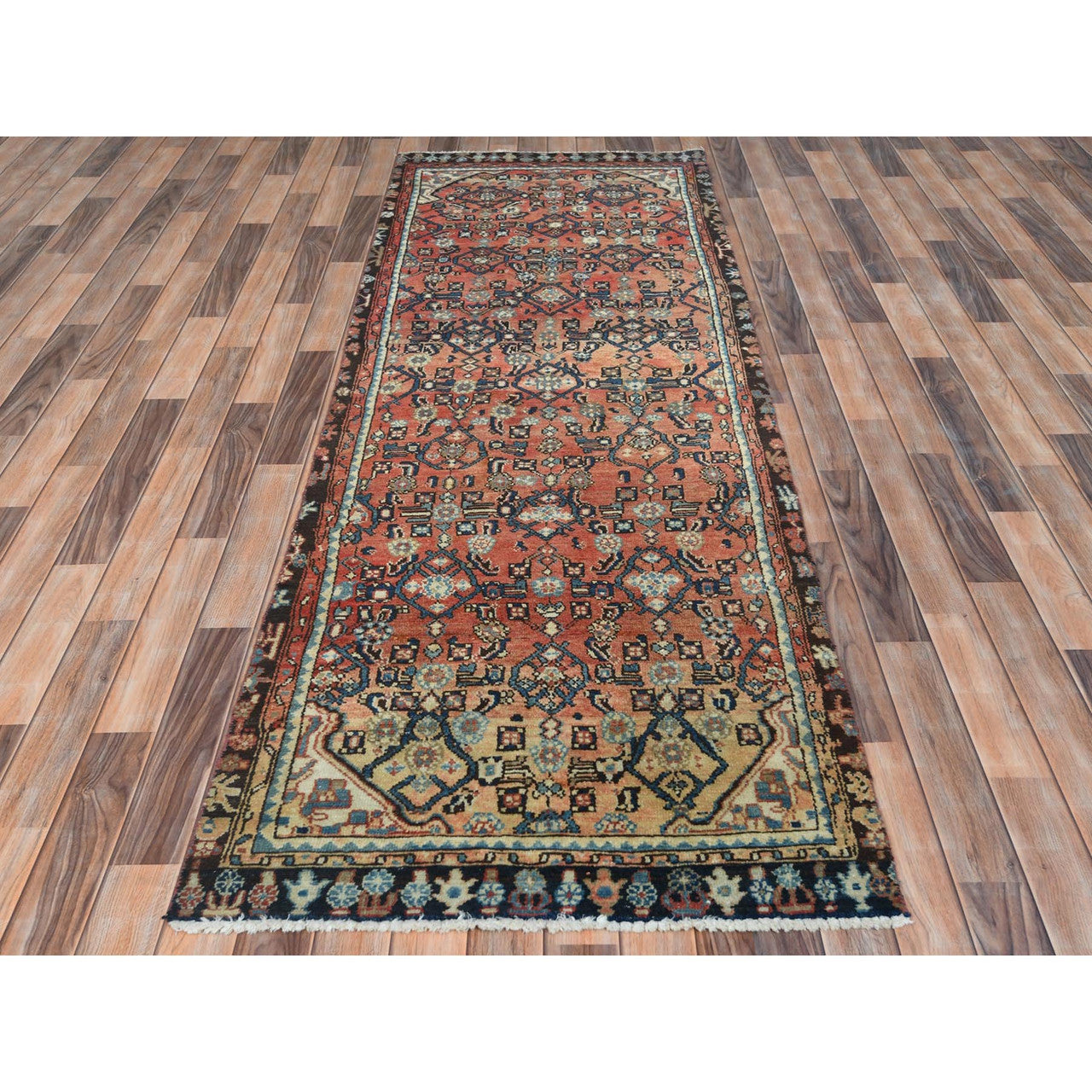Overdyed & Vintage Worn Wool Hand Knotted Rug Orange Brown 3.2X9.6 -O061942