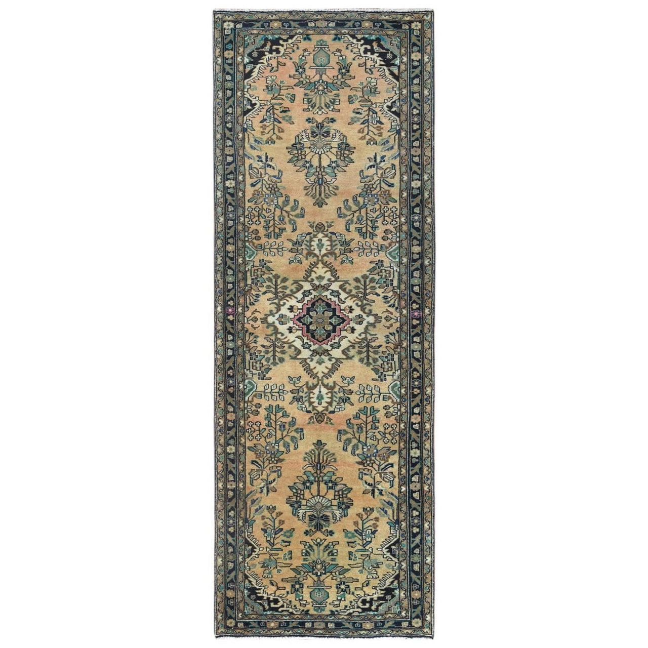 Brown 3'5" x 10'1" Overdyed & Vintage Worn Hand knotted Wool Rug - Sku: O061944