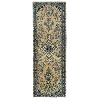 Overdyed & Vintage Worn Wool Hand Knotted Rug Brown Black 3.5X10.1 -O061944