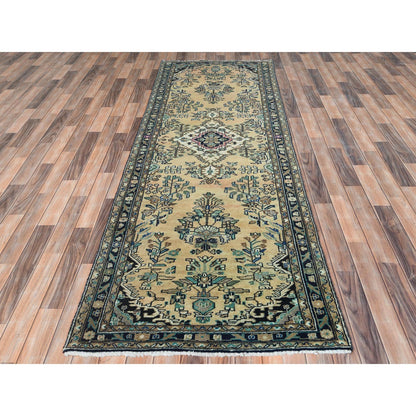 Overdyed & Vintage Worn Wool Hand Knotted Rug Brown Black 3.5X10.1 -O061944