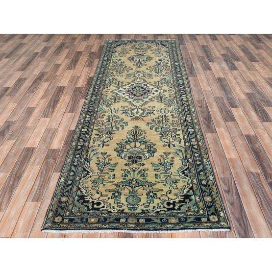Overdyed & Vintage Worn Wool Hand Knotted Rug Brown Black 3.5X10.1 -O061944