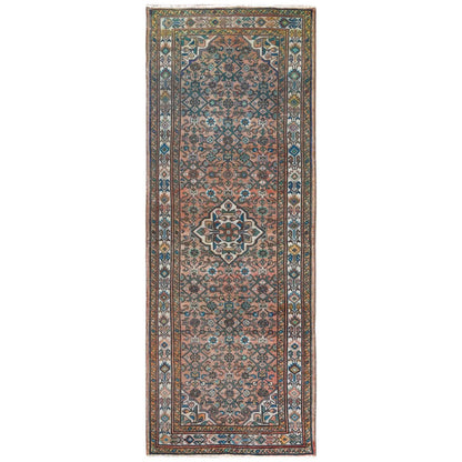 Overdyed & Vintage Worn Wool Hand Knotted Rug Red Ivory 3.6X9.7 -O061946