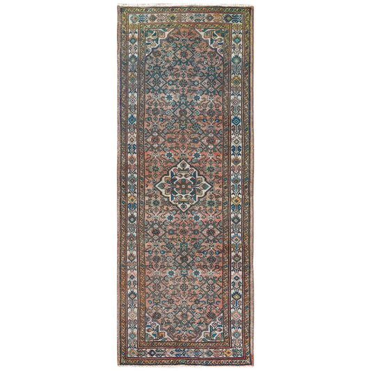 Overdyed & Vintage Worn Wool Hand Knotted Rug Red Ivory 3.6X9.7 -O061946