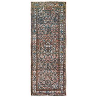 Overdyed & Vintage Worn Wool Hand Knotted Rug Red Ivory 3.6X9.7 -O061946