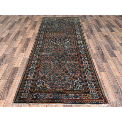 Overdyed & Vintage Worn Wool Hand Knotted Rug Red Ivory 3.6X9.7 -O061946