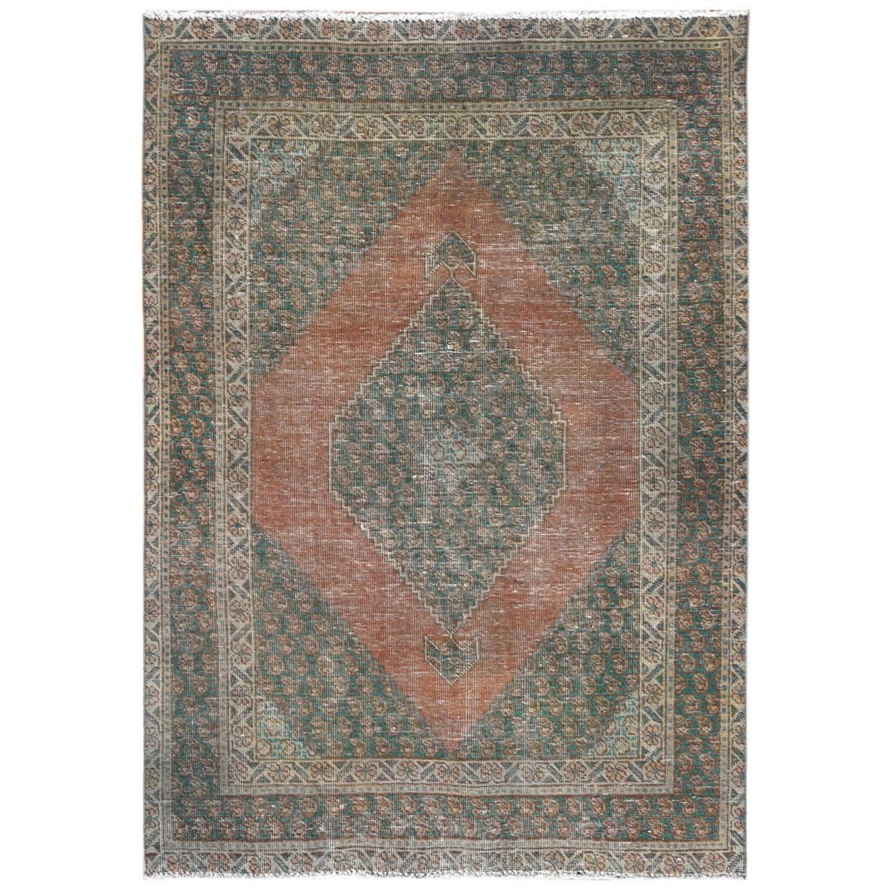 Overdyed & Vintage Worn Wool Hand Knotted Rug Brown Green 4.1X6.0 -O061953