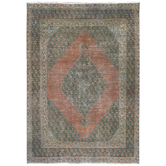 Overdyed & Vintage Worn Wool Hand Knotted Rug Brown Green 4.1X6.0 -O061953