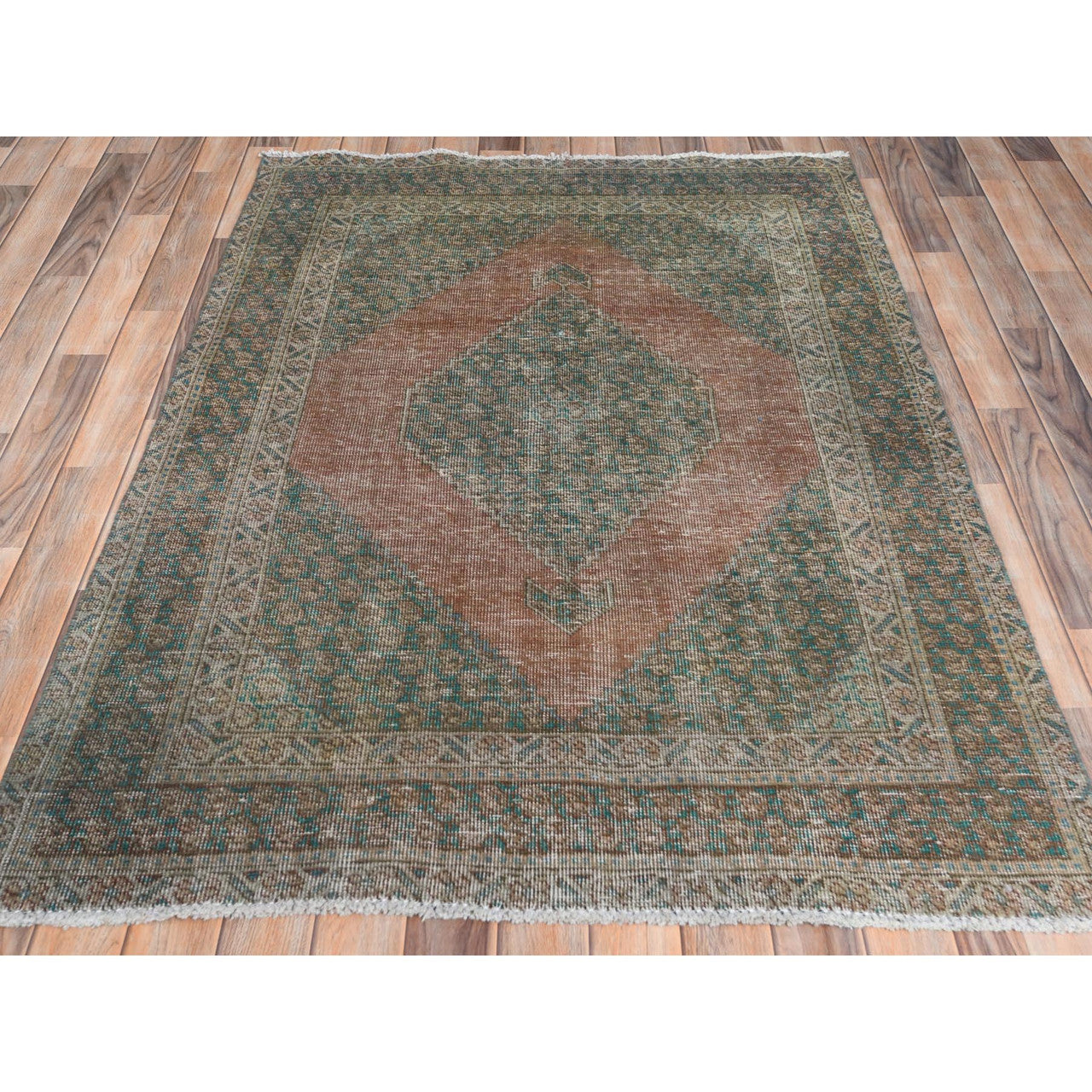 Overdyed & Vintage Worn Wool Hand Knotted Rug Brown Green 4.1X6.0 -O061953