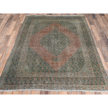 Overdyed & Vintage Worn Wool Hand Knotted Rug Brown Green 4.1X6.0 -O061953