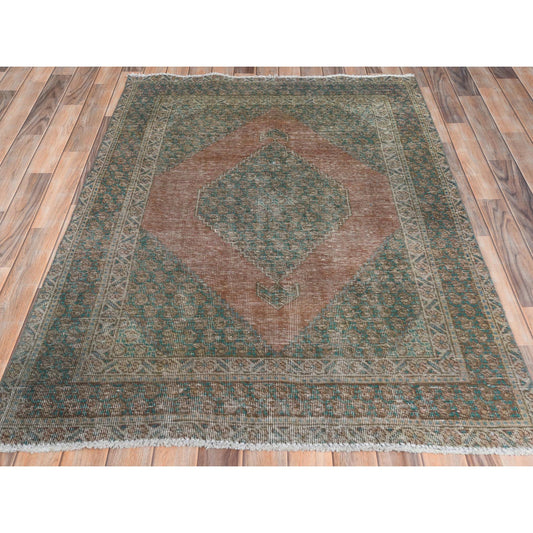 Overdyed & Vintage Worn Wool Hand Knotted Rug Brown Green 4.1X6.0 -O061953