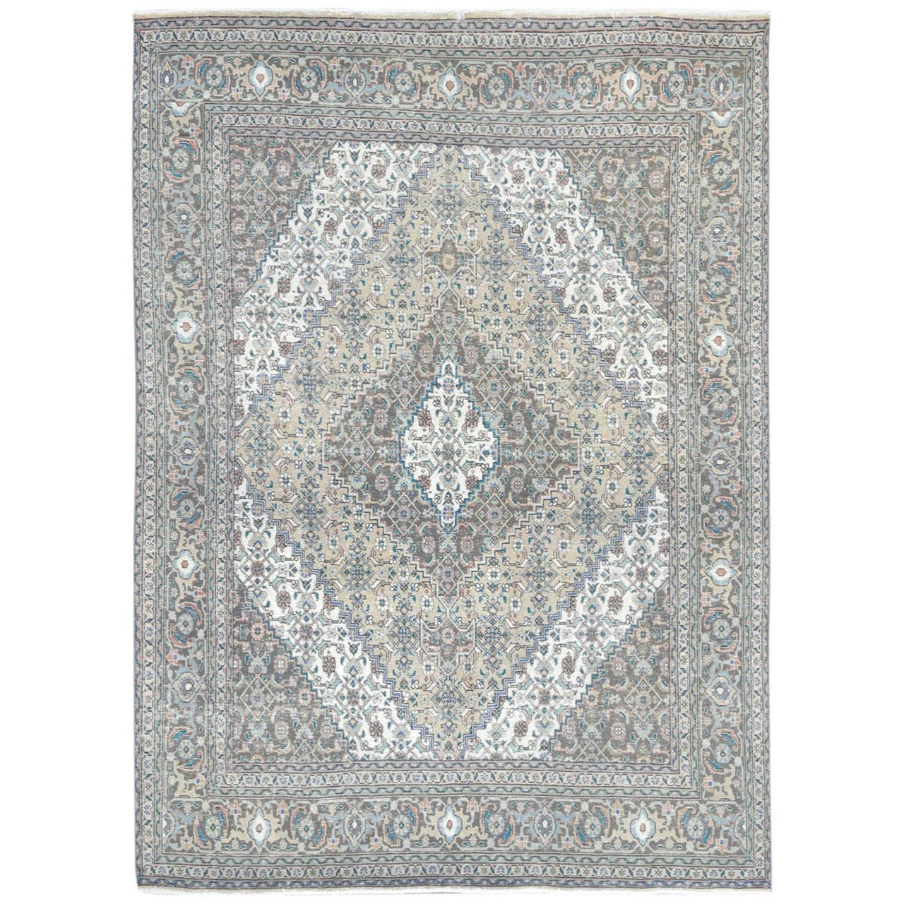 Ivory 7'1" x 9'9" Overdyed & Vintage Worn Hand knotted Wool Rug - Sku: O061989