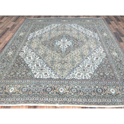 Overdyed & Vintage Worn Wool Hand Knotted Rug Ivory Brown 7.1X9.9 -O061989