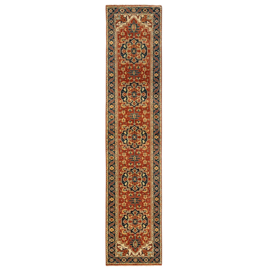 Heriz Wool Hand Knotted Rug Red Navy Blue 2.6X12.2 -O062011