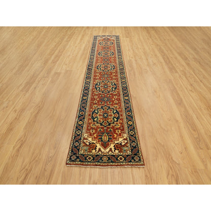 Heriz Wool Hand Knotted Rug Red Navy Blue 2.6X12.2 -O062011