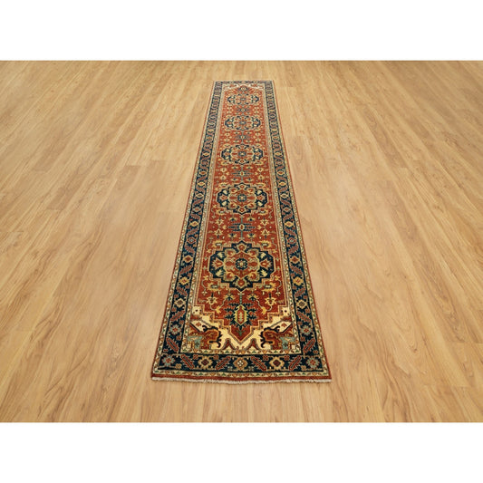 Heriz Wool Hand Knotted Rug Red Navy Blue 2.6X12.2 -O062011