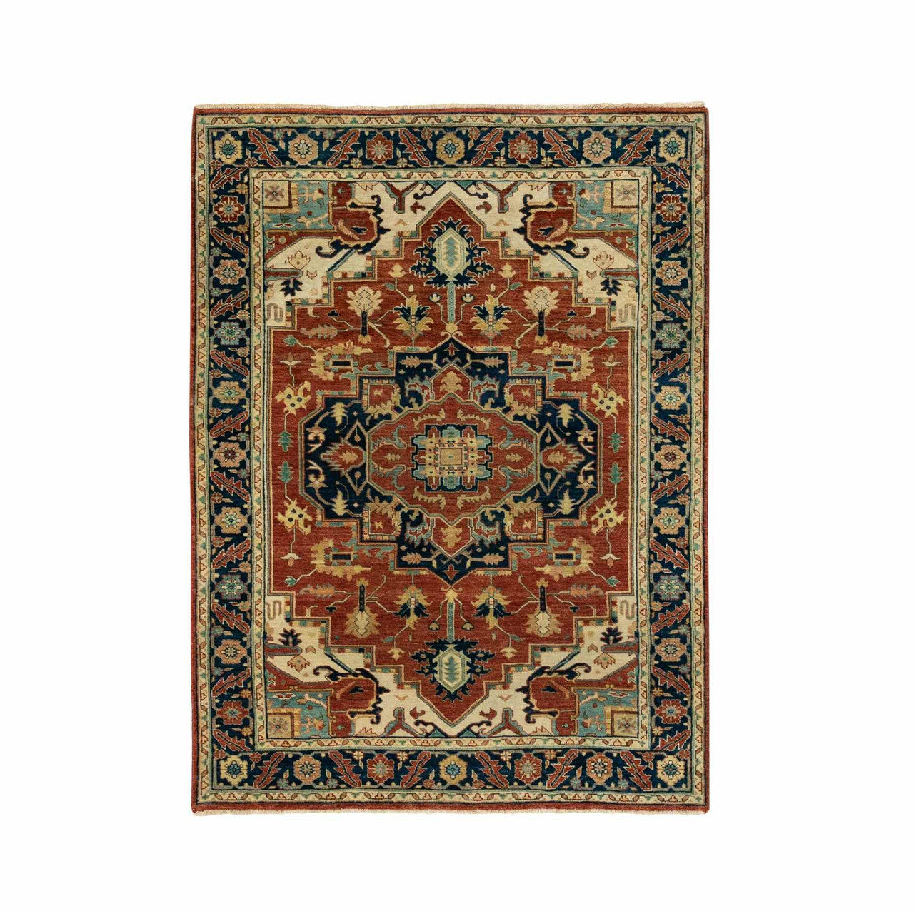 Heriz Wool Hand Knotted Rug Red Navy Blue 4.1X6.0 -O062021