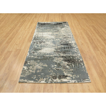 Modern and Contemporary Wool & Silk Hand Knotted Rug Grey No Border 4.1X10.0 -O062025