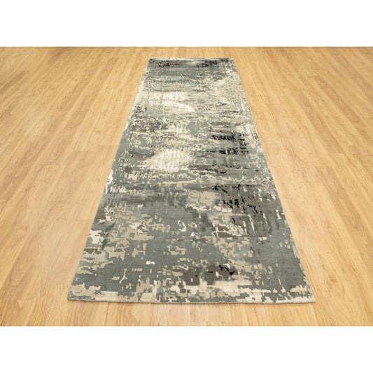 Modern and Contemporary Wool & Silk Hand Knotted Rug Grey No Border 4.0X12.0 -O062034