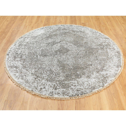 Transitional Wool & Pure Silk Hand Knotted Rug Grey No Border 6.0X6.0 -O062054