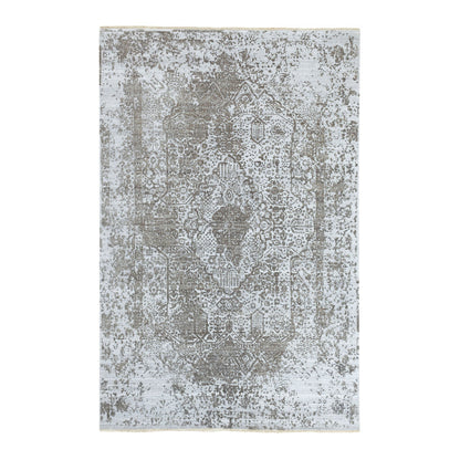 Transitional Wool & Pure Silk Hand Knotted Rug Grey No Border 6.0X9.0 -O062057