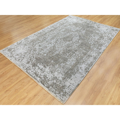 Transitional Wool & Pure Silk Hand Knotted Rug Grey No Border 6.0X9.0 -O062057