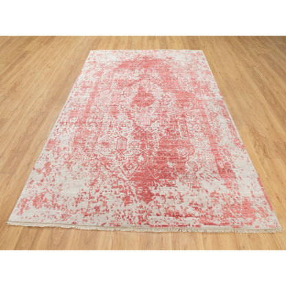 Transitional Wool & Pure Silk Hand Knotted Rug Pink No Border 6.0X9.2 -O062069