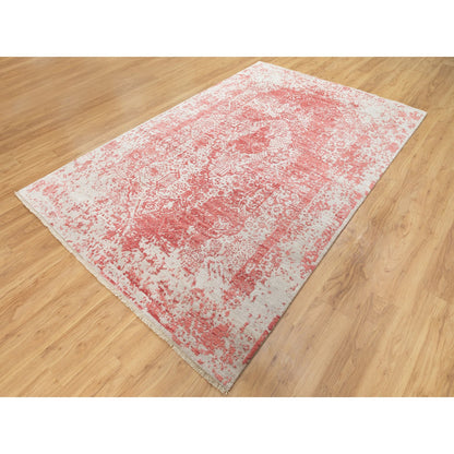 Transitional Wool & Pure Silk Hand Knotted Rug Pink No Border 6.0X9.2 -O062069